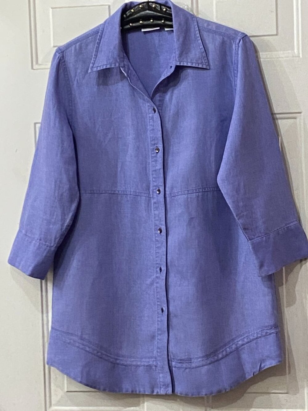 Chico's Sz 1 (M) Linen Button Up Shirt Tunic 3/4 Sleeve Chambray Pastel Purple